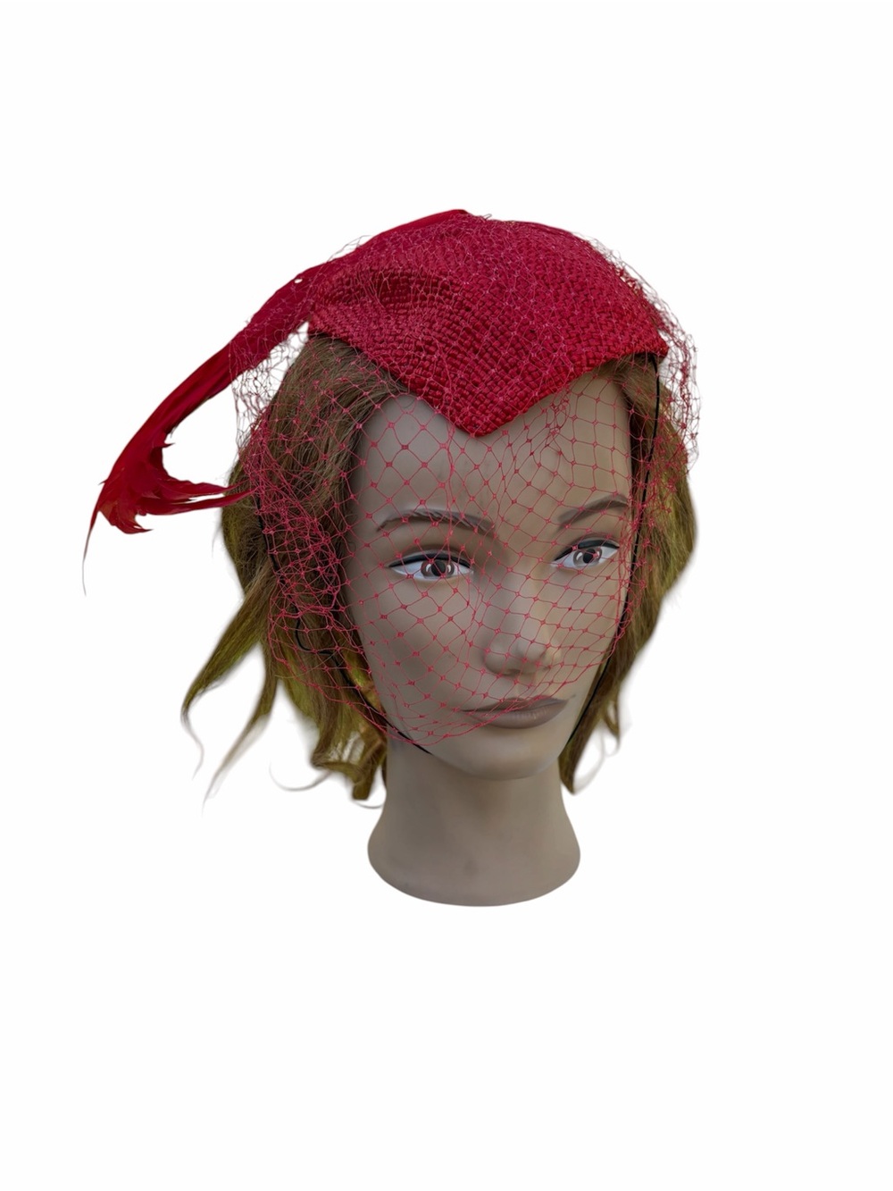 Vintage red veil woven straw jute fascinator hat with feathers & chin strap